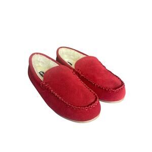 Lands' End Women's Fuzzy Lined Suede Moccasin Slippers in Rich Red 10